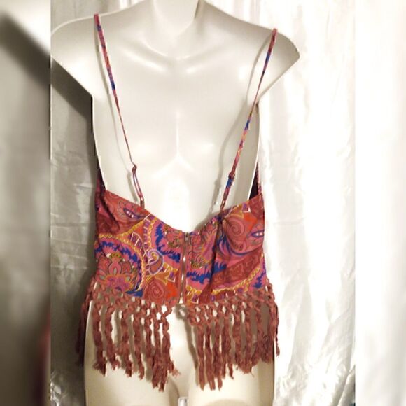 Shein Bohemian Paisley Floral Print Zipper Back Fringe Hem Cami Top L - Picture 6 of 6